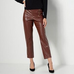 SUSAN GRAVER Size XL Petite Brown Faux Leather Ankle Pants w/ Button Detail